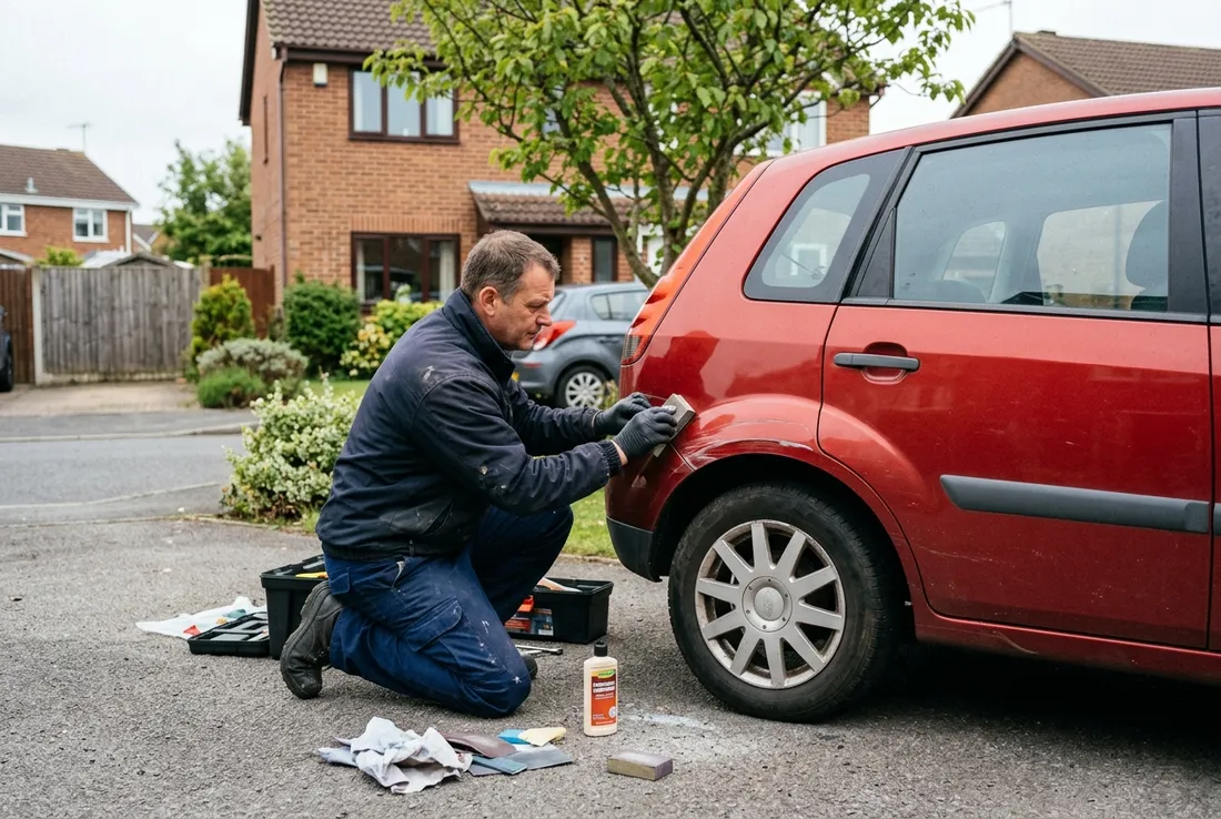 Car scratch repair being done on a tree-lined street in Claremont