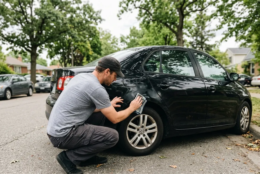 Technician repairing a car scratch in a La Verne neighborhood