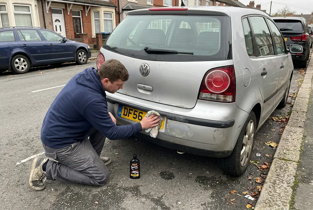 Car bumper scuff being repaired in an Upland driveway