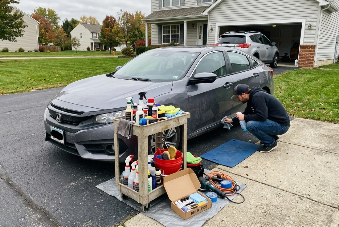 Mobile technician touching up paint chips on a car in a San Dimas driveway
