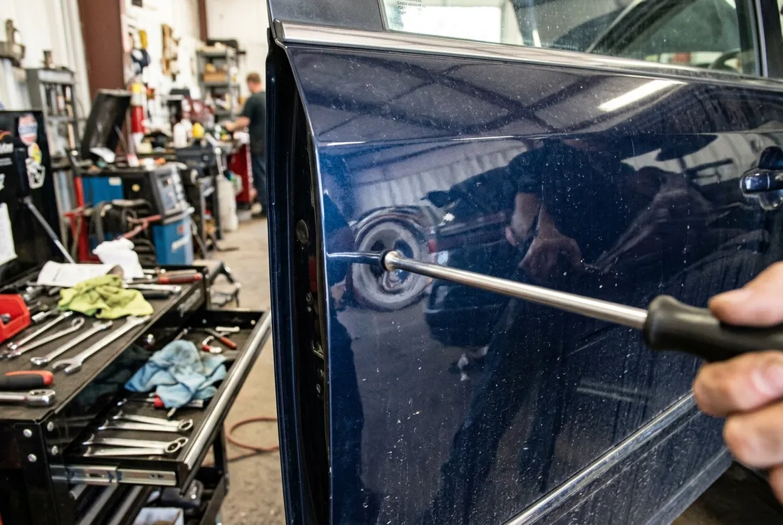 Paintless dent repair tool working a door ding on a car panel in San Dimas