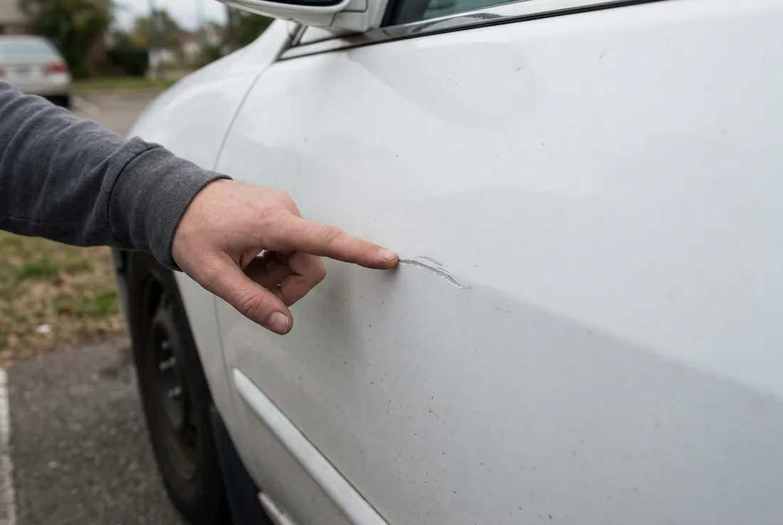 Close up of a car scratch being measured before repair in San Dimas